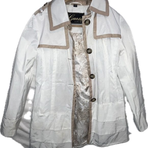 Vintage Guess Women’s Layered White Cotton Blend Coat Khaki Trim Small - Picture 1 of 9